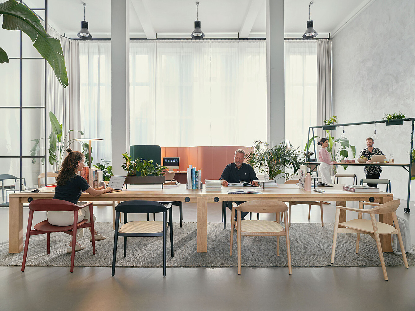 Espacio de oficina moderno con una gran mesa para equipos se:café, cuatro personas trabajando y plantas sobre la mesa y alrededor de ella.