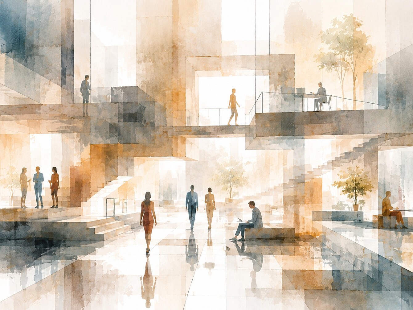 Illustrazione astratta in stile acquerello di uno spazio di lavoro aperto su più livelli con persone che camminano, sono sedute e in piedi vicino a scale e alberi