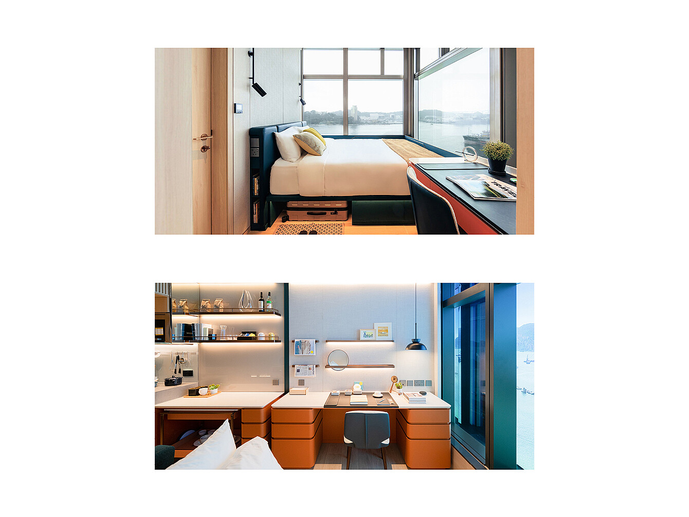 L’image du haut montre une chambre d’hôtel moderne avec un lit près d’une grande fenêtre donnant sur l’eau et le paysage urbain au-delà. L’image du bas montre un espace de travail avec un bureau, une chaise, des étagères et une grande fenêtre avec vue sur l’eau et les bâtiments. 