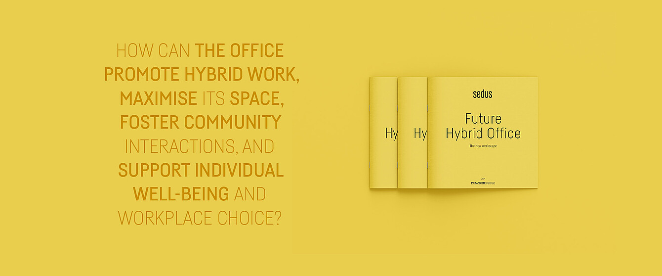 Graphic on the topic of ‘The hybrid office of the future’: The question ‘How can the office promote hybrid work and interaction, optimise the use of space, ensure well-being and enable a free choice of work location? To the right of this is a mock-up of the Sedus magazine ‘The hybrid office of the future - a new working landscape’, which is presented in a fan shape with three open issues. The graphic thematises flexibility, work-life blend and sustainable working landscapes in the context of modern working environments.