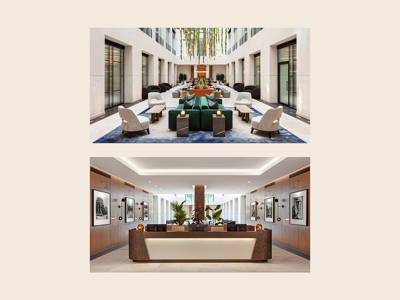 Vue du dessus d’un hall d’hôtel spacieux avec des sièges symétriques et des plantes suspendues au-dessus, ainsi qu’un comptoir d’accueil moderne avec des photos en noir et blanc encadrées sur les murs derrière.