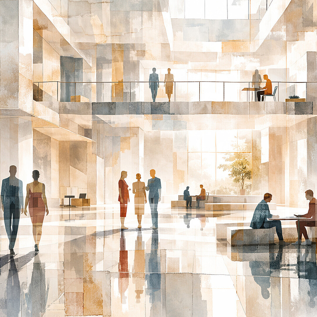 Abstract illustration of a spacious modern interior with multiple people walking and sitting, featuring large windows and open balconies