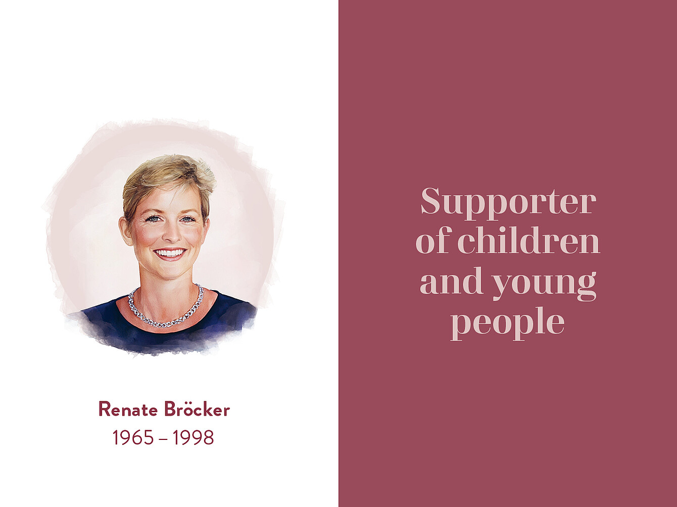 Ritratto di Renate Bröcker, con la scritta “Sostenitrice dei bambini e dei Giovani” e gli anni 1965-1998 sotto il suo nome.