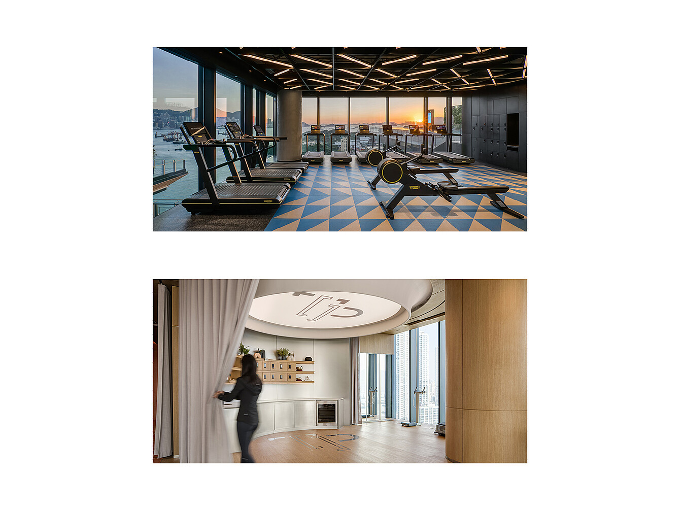 Salle de sport moderne avec tapis de course et vélos d’appartement face à de grandes fenêtres donnant sur un paysage urbain au coucher du soleil 