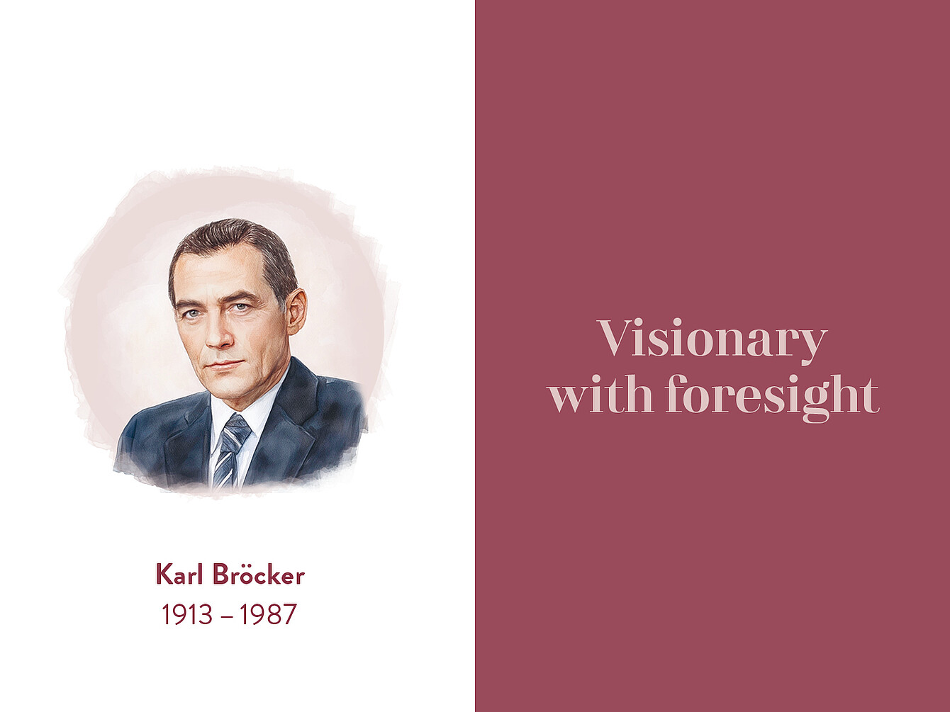 Ritratto di Karl Bröcker, un uomo in abito con il volto sfocato. Il testo sottostante recita “Karl Bröcker 1913-1987”. Sul lato destro è riportata la frase “Visionario con lungimiranza”.