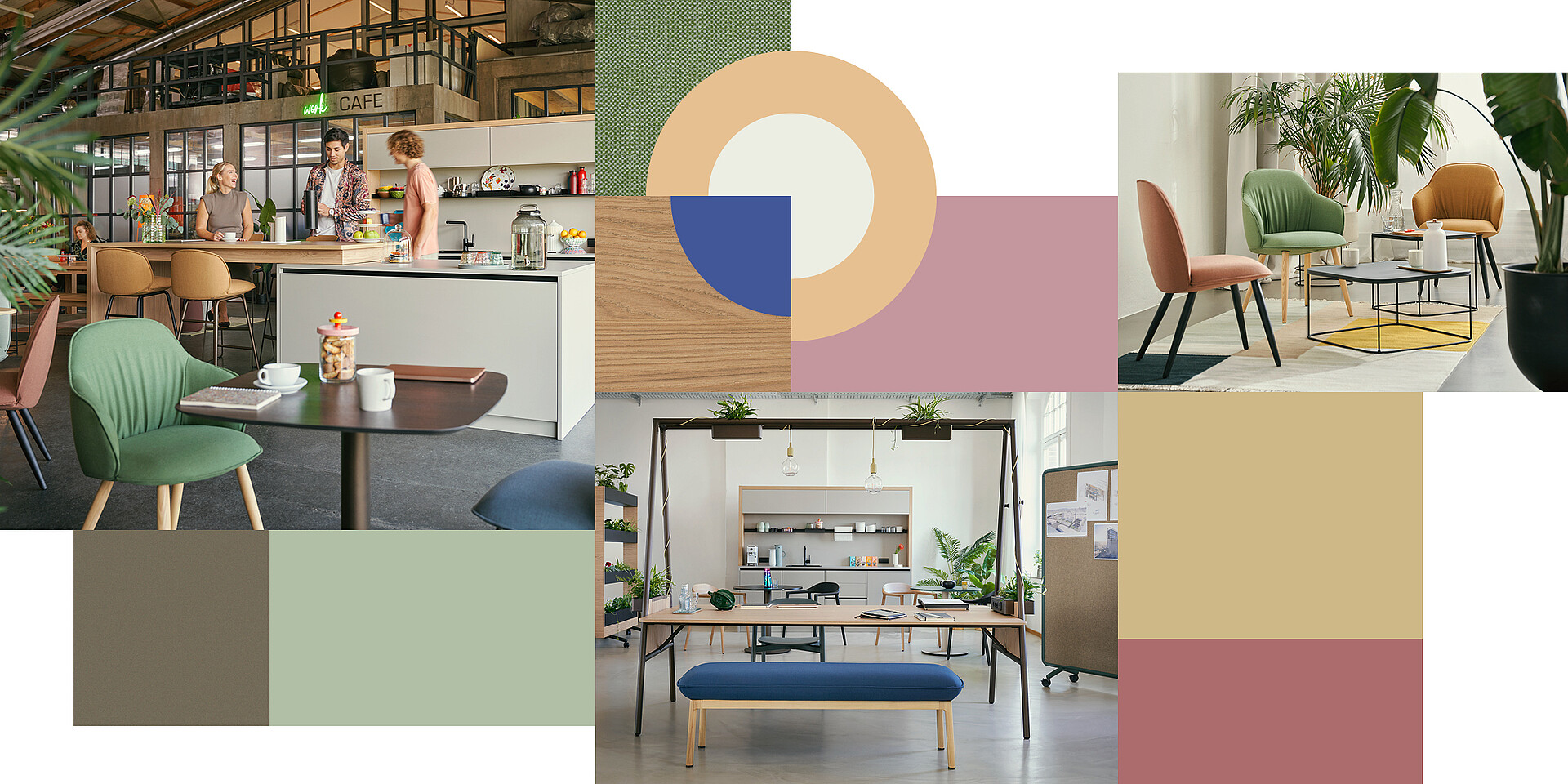 Oficina moderna con zona de cafetería con se:café bar, una se:café soft chair verde y una mesa de madera, junto con gráficos con códigos de colores y un espacio de trabajo luminoso y abierto con plantas y un banco se:café azul.