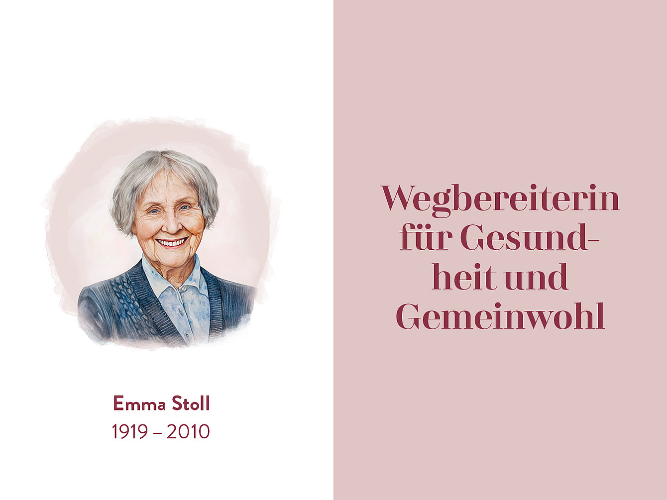 Porträt von Emma Stoll, Wegbereiterin für Gesundheit und Gemeinwohl, 1919-2010. Sie trägt eine blaue Jacke und hat graue Haare.