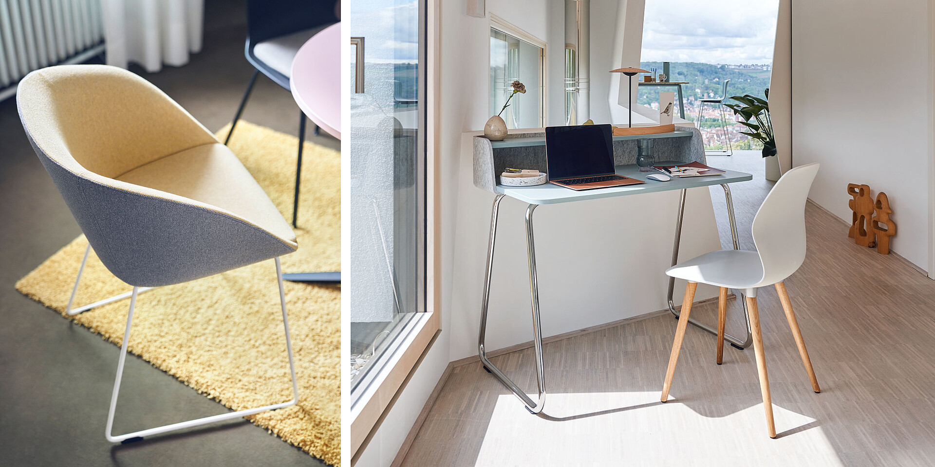 Modern workspace with a small desk, laptop, and two chairs — one upholstered and one made of wood and plastic — in front of large windows with a city view.