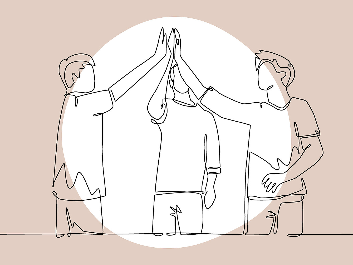 Dibujo de línea continua de tres personas de pie y chocando las manos en grupo, con un fondo circular claro detrás de ellas.