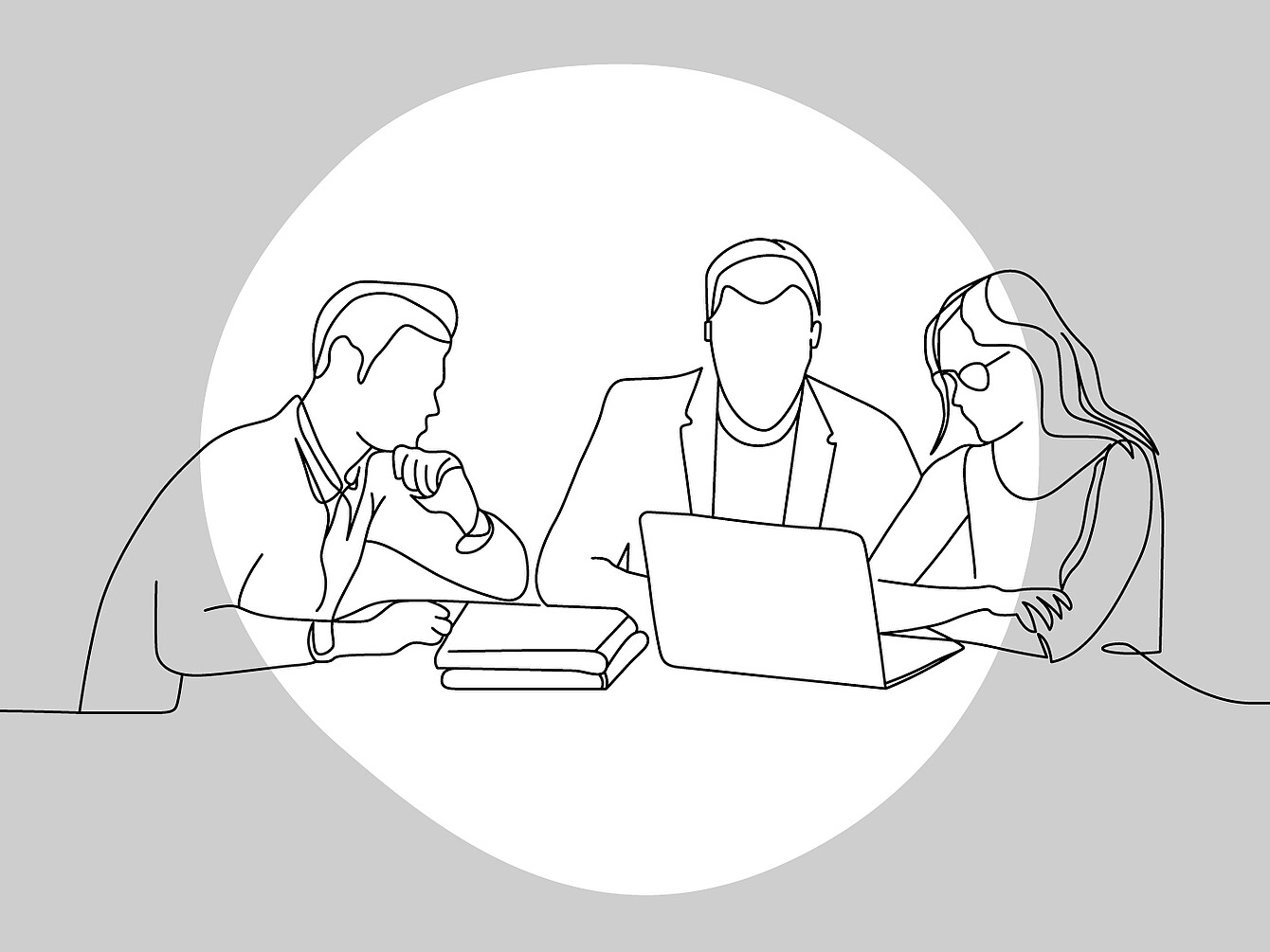 Dibujo lineal monocromo de tres personas sentadas a una mesa, una con un ordenador portátil, otra con libros, inmersas en una conversación.