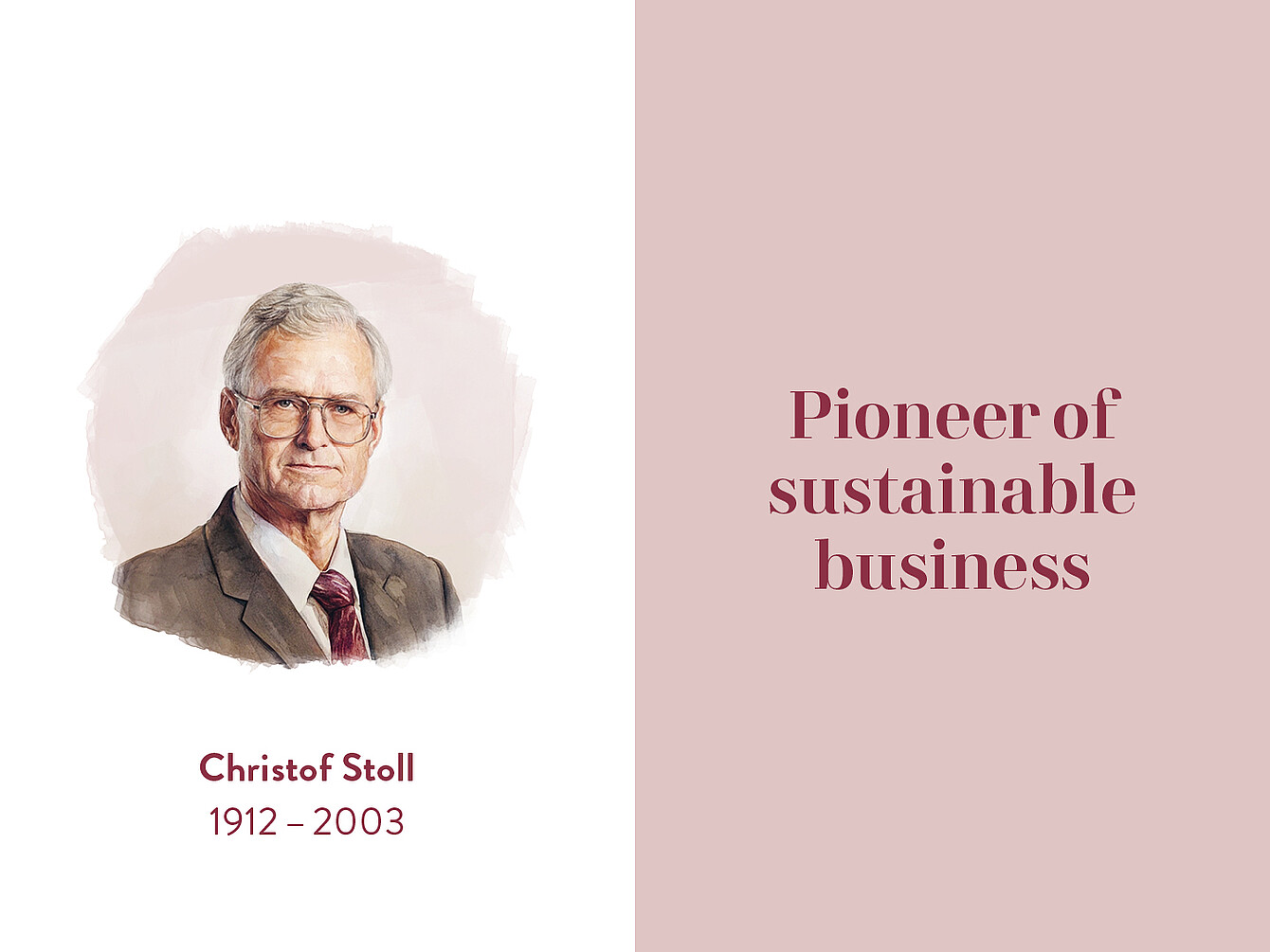 Ritratto di Christof Stoll, un uomo dai capelli grigi, che indossa un abito scuro. Il testo recita “Pioniere del business sostenibile” e “Christof Stoll 1912 – 2003”.
