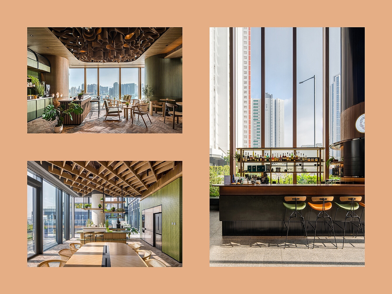 Trois vues d’un espace d’accueil moderne montrant un coin salon avec des chaises et des tables en bois sous un plafond décoratif, un coin repas avec une longue table et des chaises tressées sous un plafond à poutres apparentes, et un bar avec des tabourets hauts devant de grandes fenêtres donnant sur les bâtiments de la ville. 