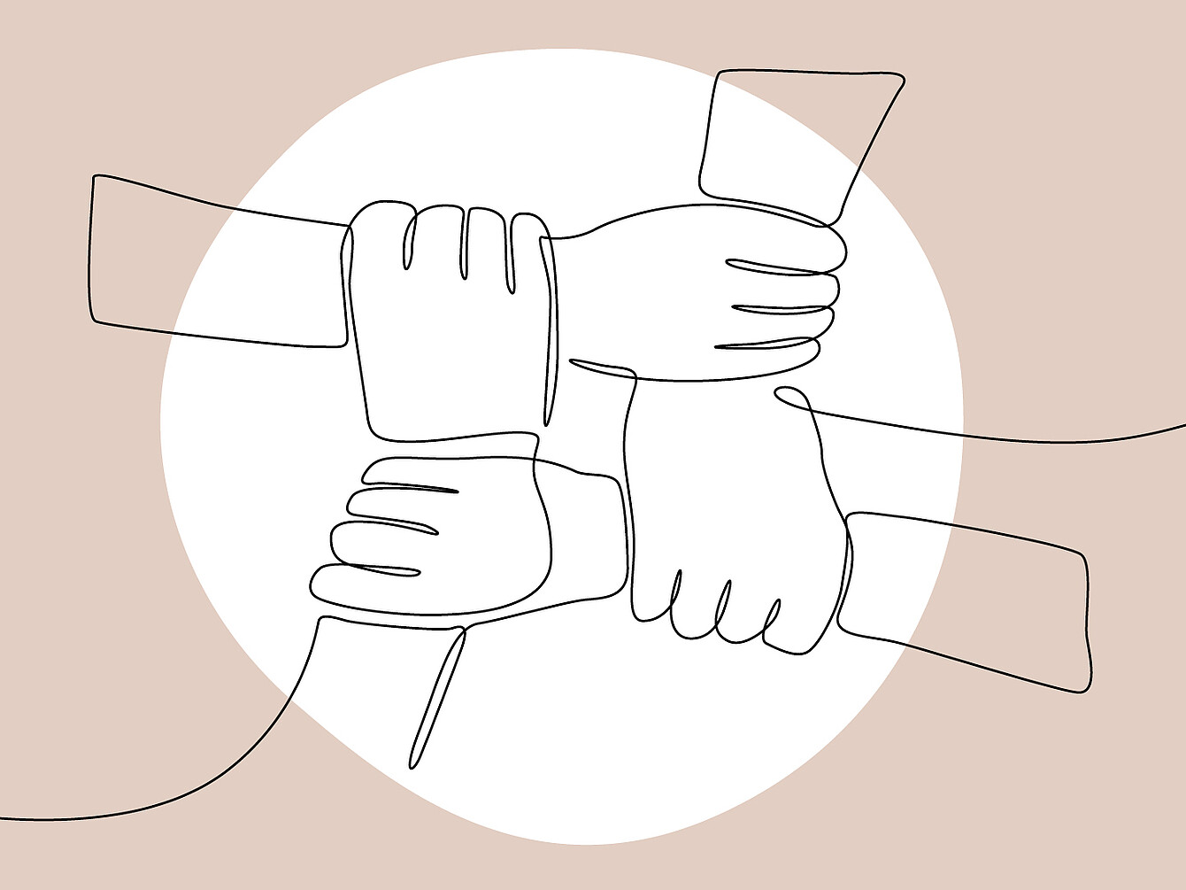 Disegno al tratto di quattro mani che si stringono i polsi a vicenda, formando un quadrato che simboleggia l’unità e la cooperazione.