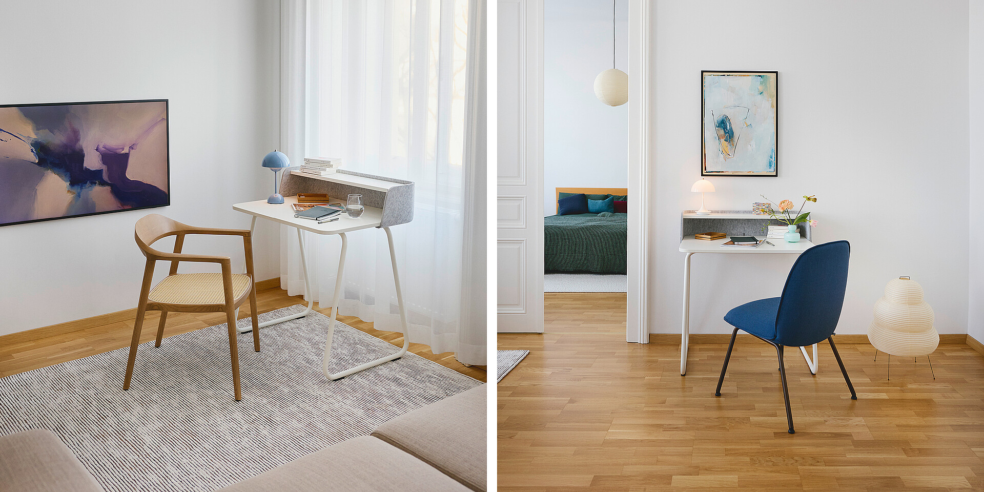 Bright home office with white desk, blue chair, wooden floor, and modern art on the wall.