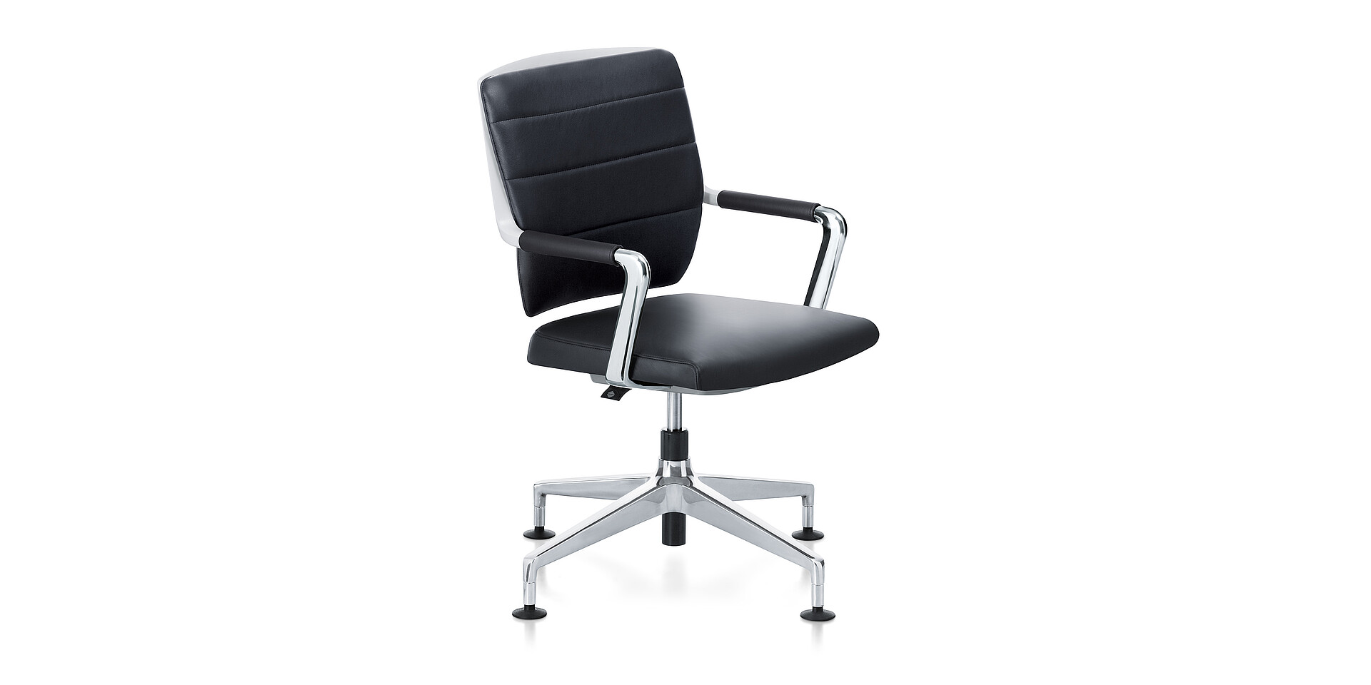 Sedus Crossline office chair with black padded seat and backrest, chrome armrests, and five-star base with casters
