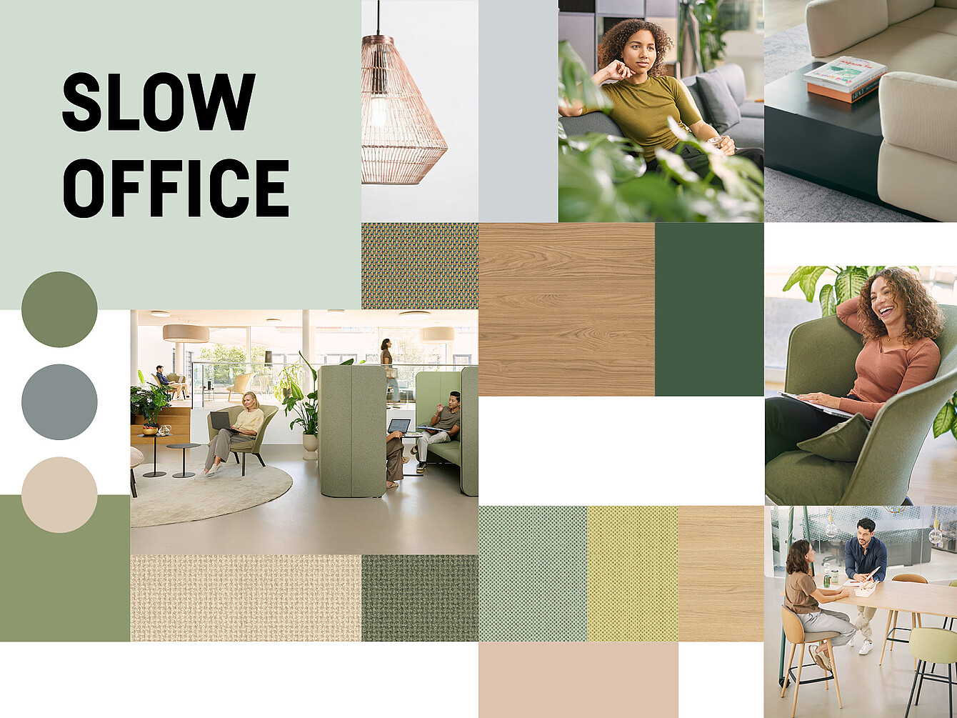 Collage che mostra un ambiente d’ufficio moderno con persone sedute a conversare, una donna al telefono e una donna sorridente su un divano, accompagnato da campioni di trame di tessuto e legno e dal testo ”SLOW OFFICE”