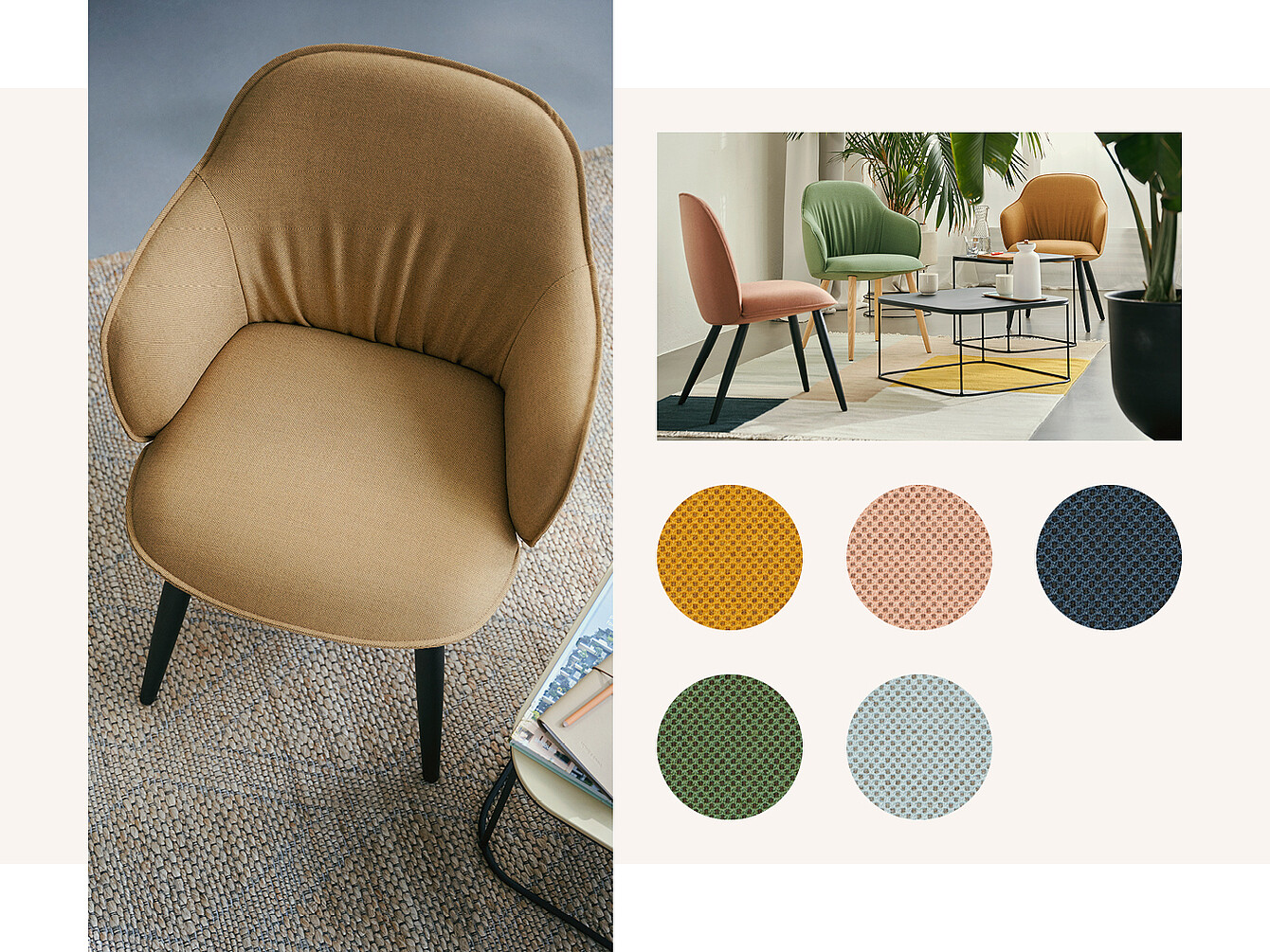 Una sedia imbottita color cuoio con schienale arrotondato e gambe nere, accanto alle immagini di altre due sedie in verde e rosa. Sotto, sei campioni di tessuto in vari colori: giallo senape, verde acqua, verde scuro, blu navy, beige chiaro e corallo.