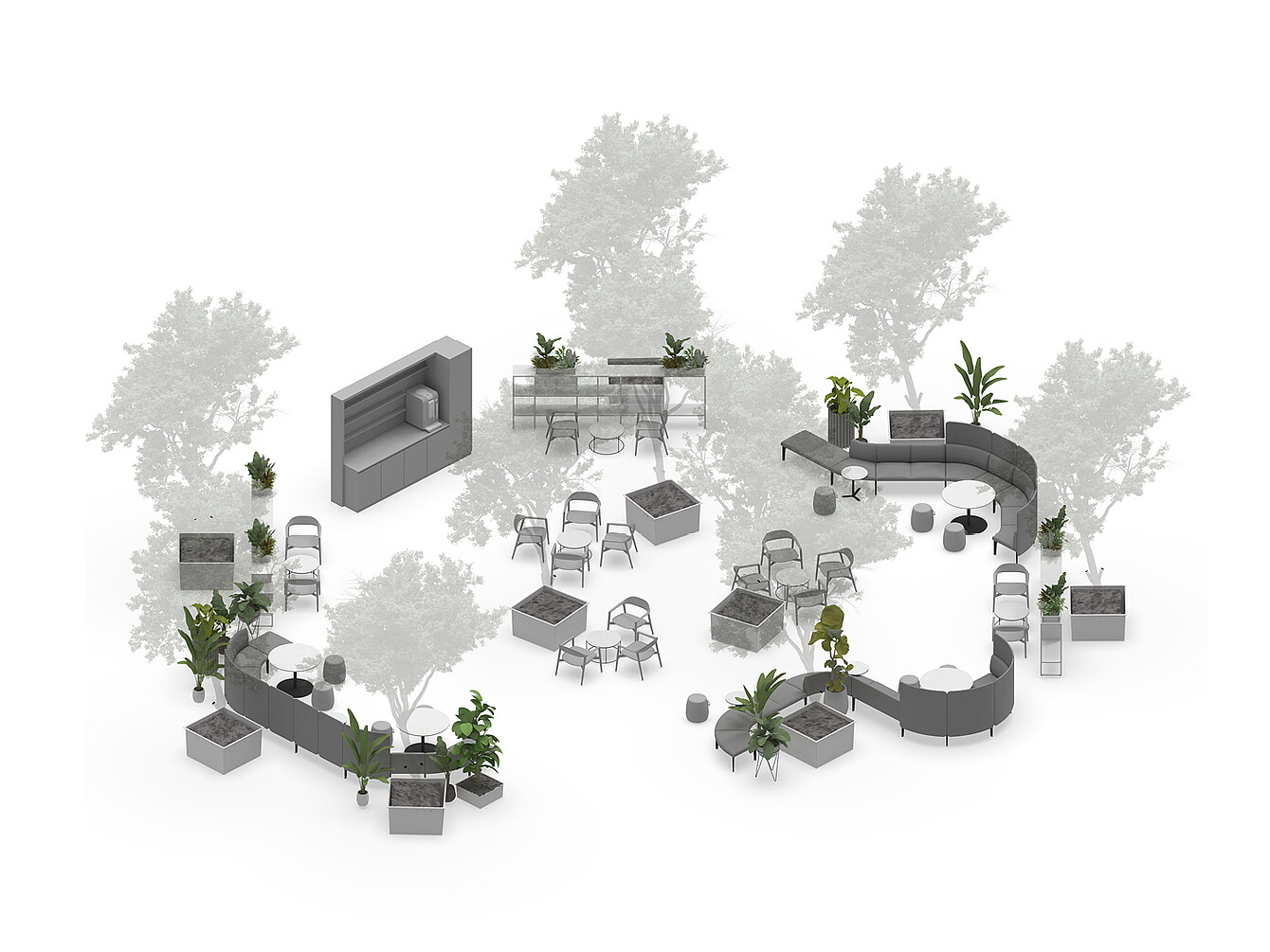 Diseño del Garden Work Café con asientos curvos, mesas, sillas y plantas dispuestas para crear un espacio de oficina biofílico rodeado de vegetación.
