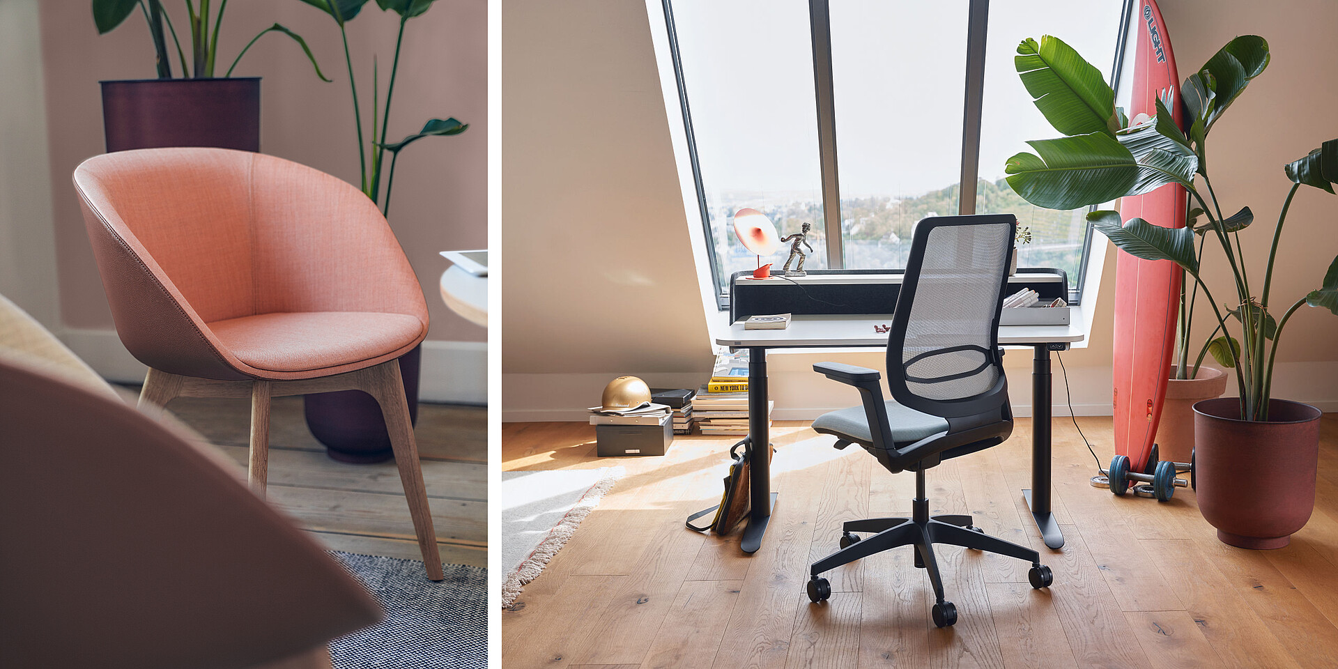 Bright home office with ergonomic office chair in front of the window and a cozy pink armchair next to a plant.