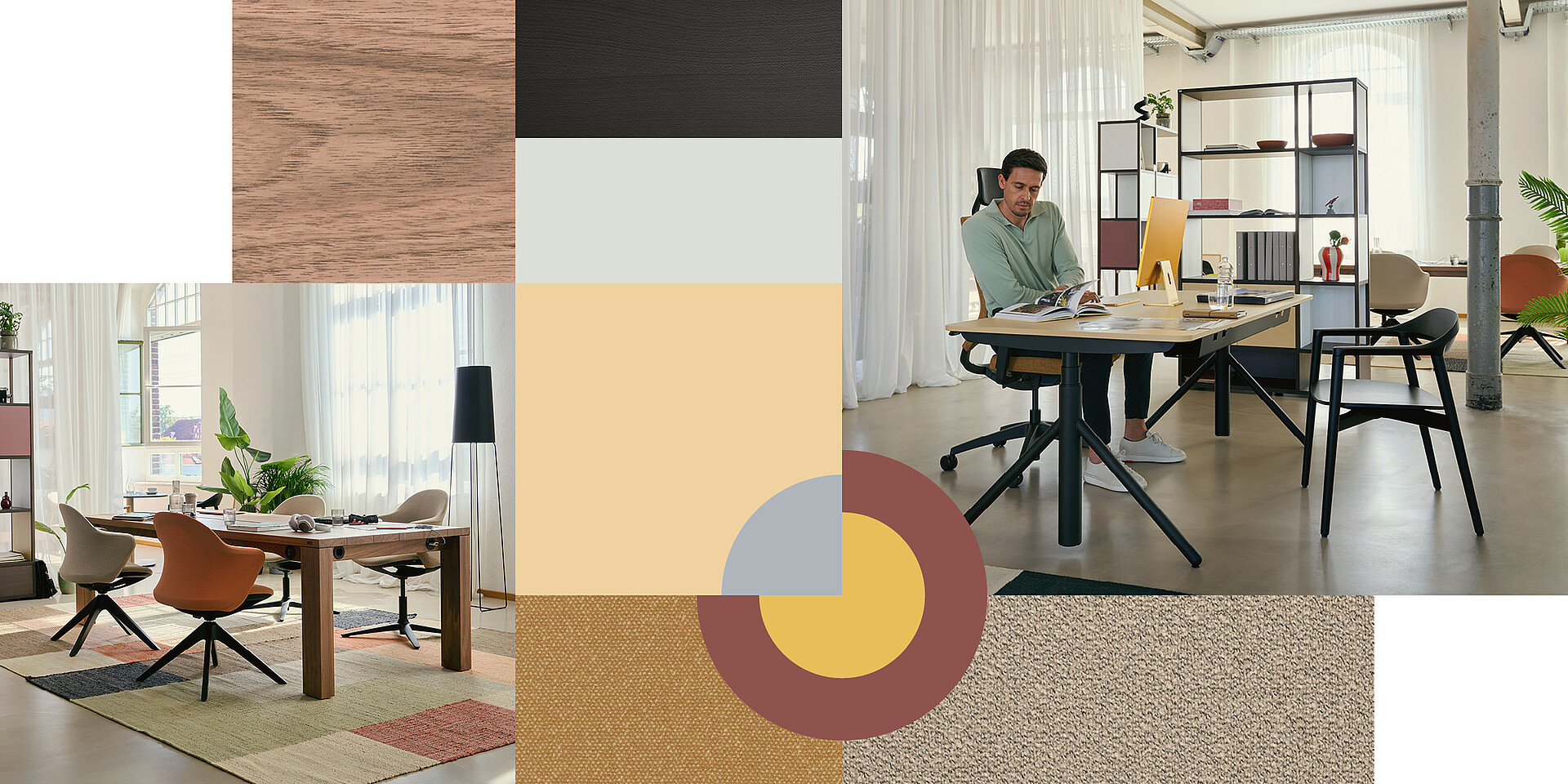 Persona sentada en un escritorio moderno, se:lab e-desk A, en una silla quarterback 2, en una oficina con cortinas ligeras y estanterías abiertas se:matrix al fondo, rodeada de colores neutros y cálidos. Una se:café wooden chair se encuentra frente a la mesa.