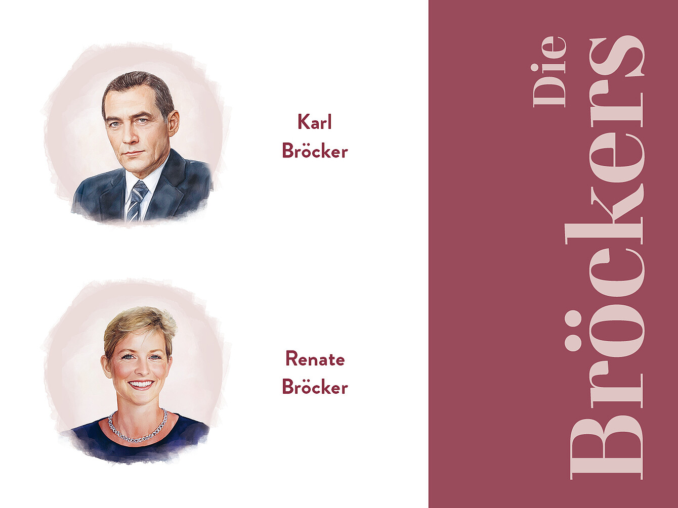 Porträts von Karl Bröcker und Renate Bröcker. Karl trägt einen Anzug mit Krawatte, Renate trägt eine Halskette. Text: 'Die Bröckers'.