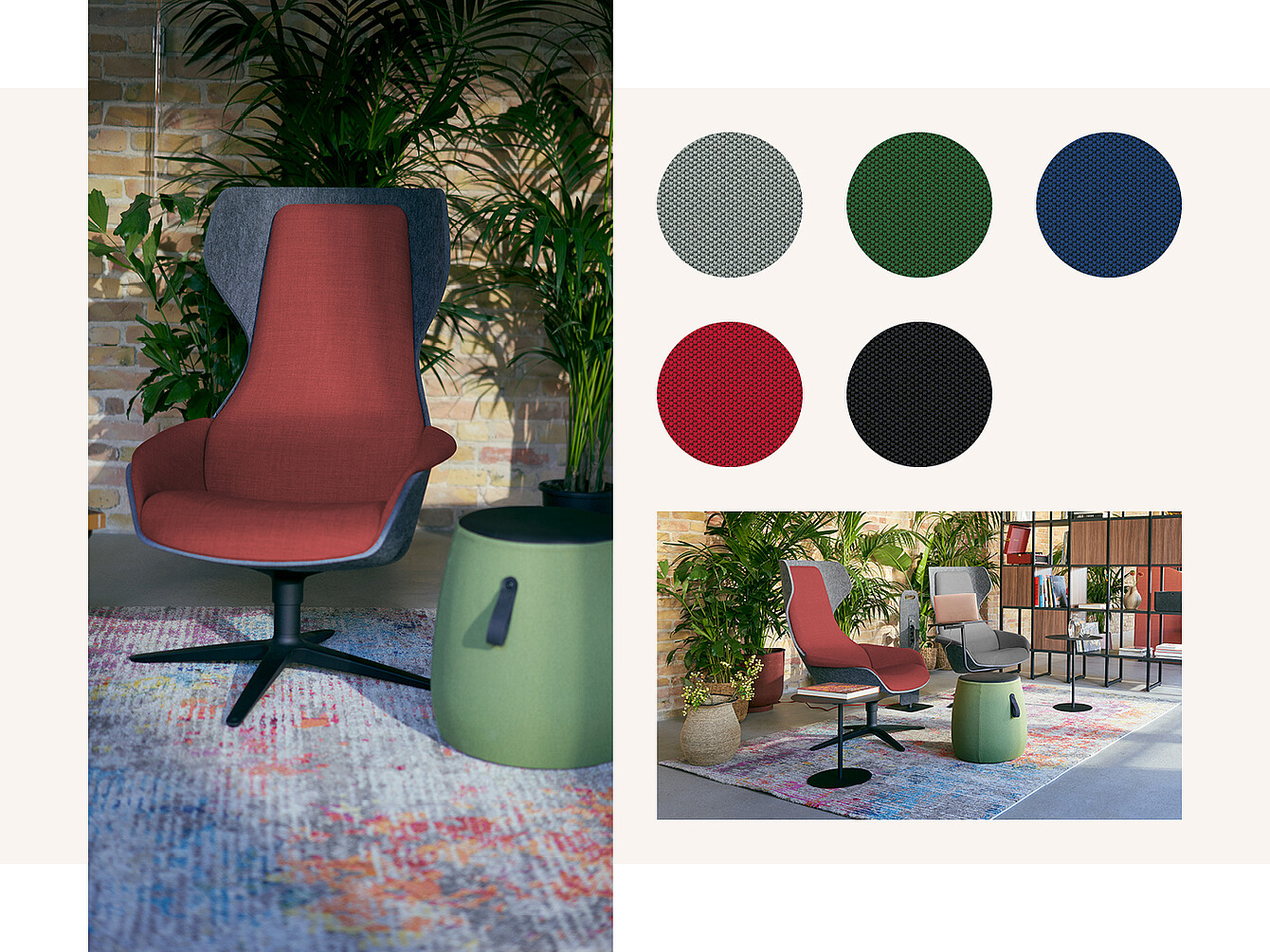 Una sedia imbottita rossa con schienale alto e base nera, accanto a un tavolino verde, circondata da piante. Sono visibili sei campioni di tessuto in rosso, verde, blu navy, grigio, nero e un tappeto con motivi.