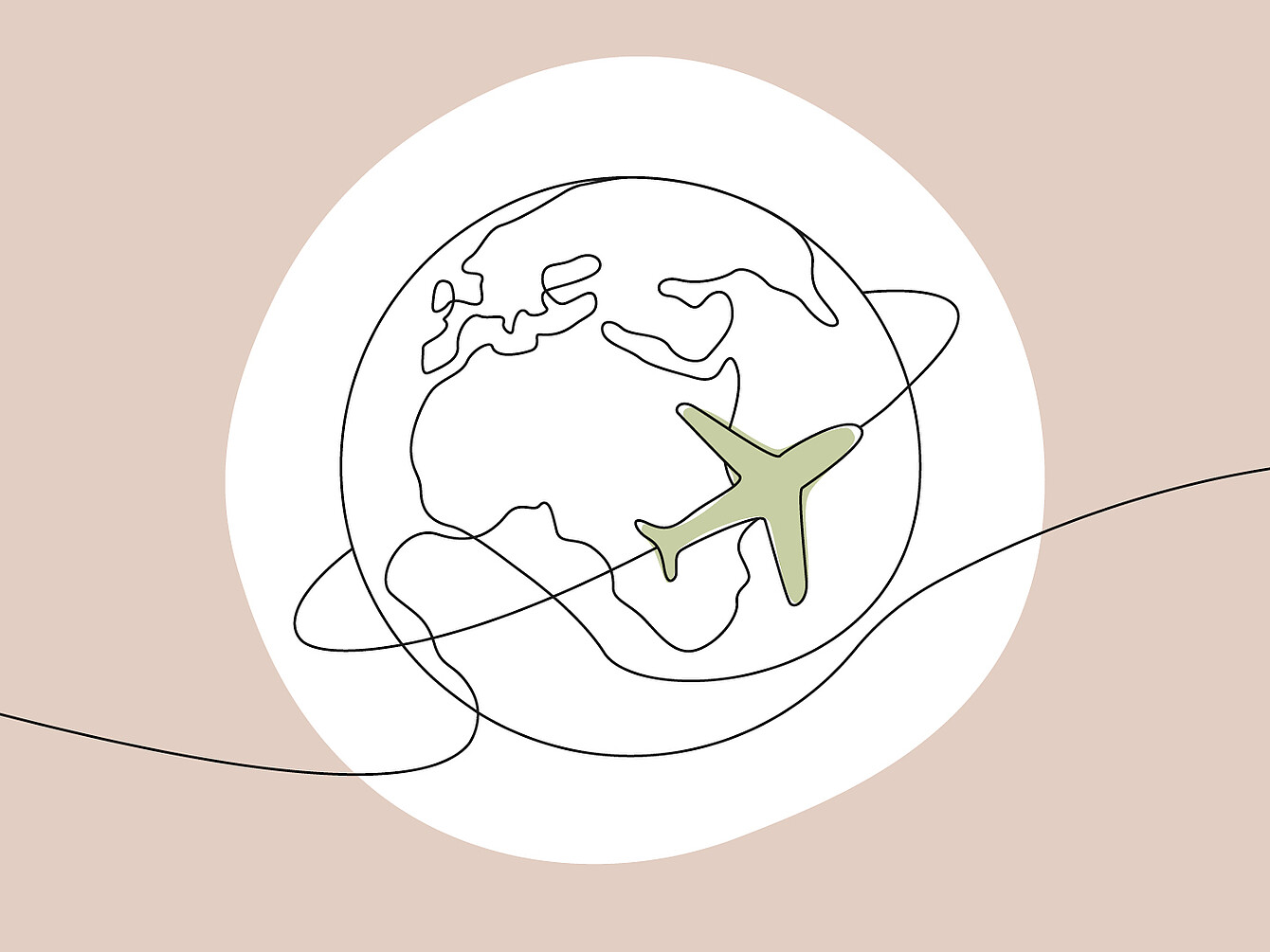 Contorno della Terra con focus su Europa, Africa e Medio Oriente con un aereo verde che lo circonda su uno sfondo beige.