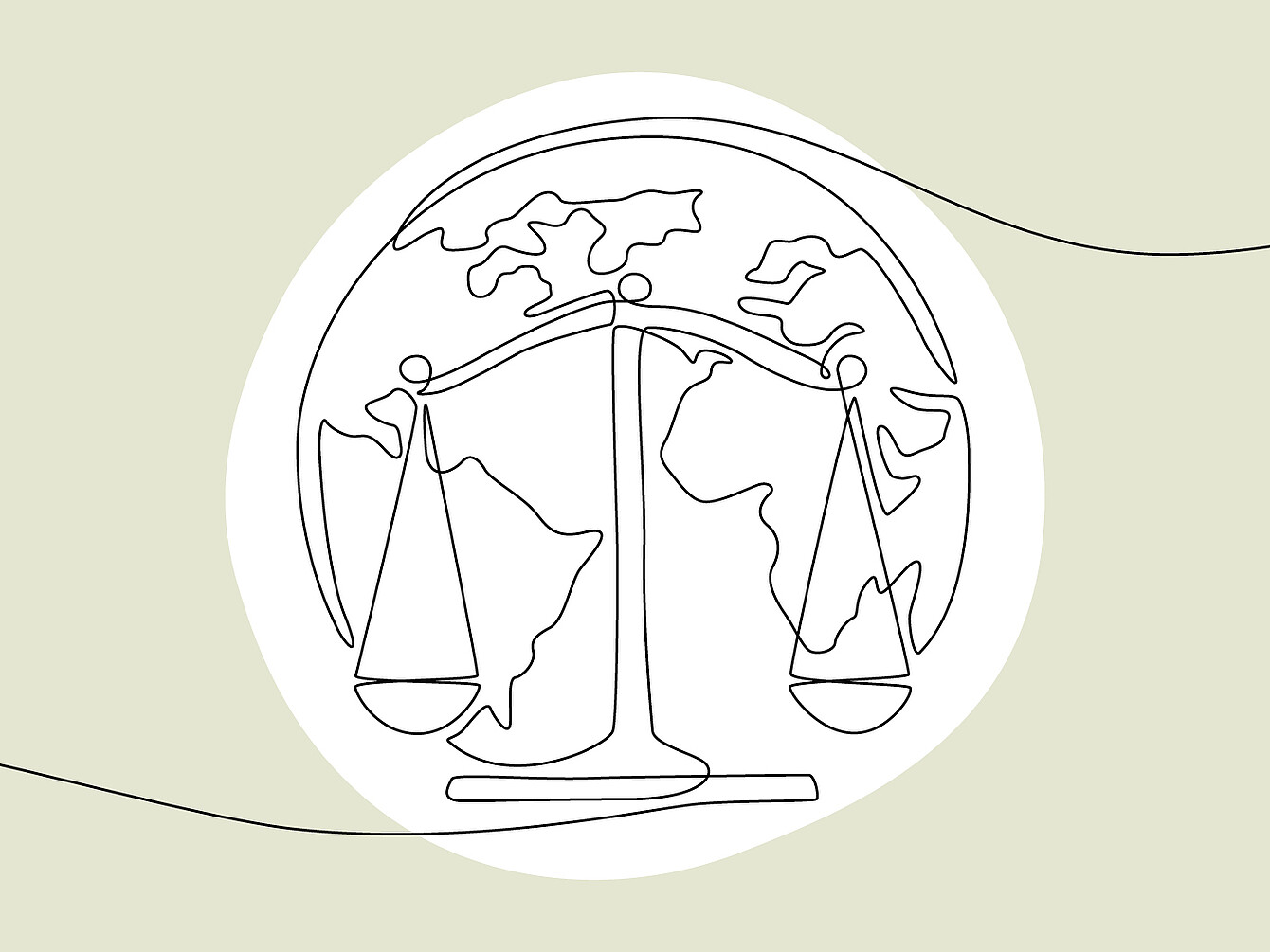 Dibujo lineal de una balanza superpuesta a un globo terráqueo que muestra los continentes, simbolizando la responsabilidad social global.