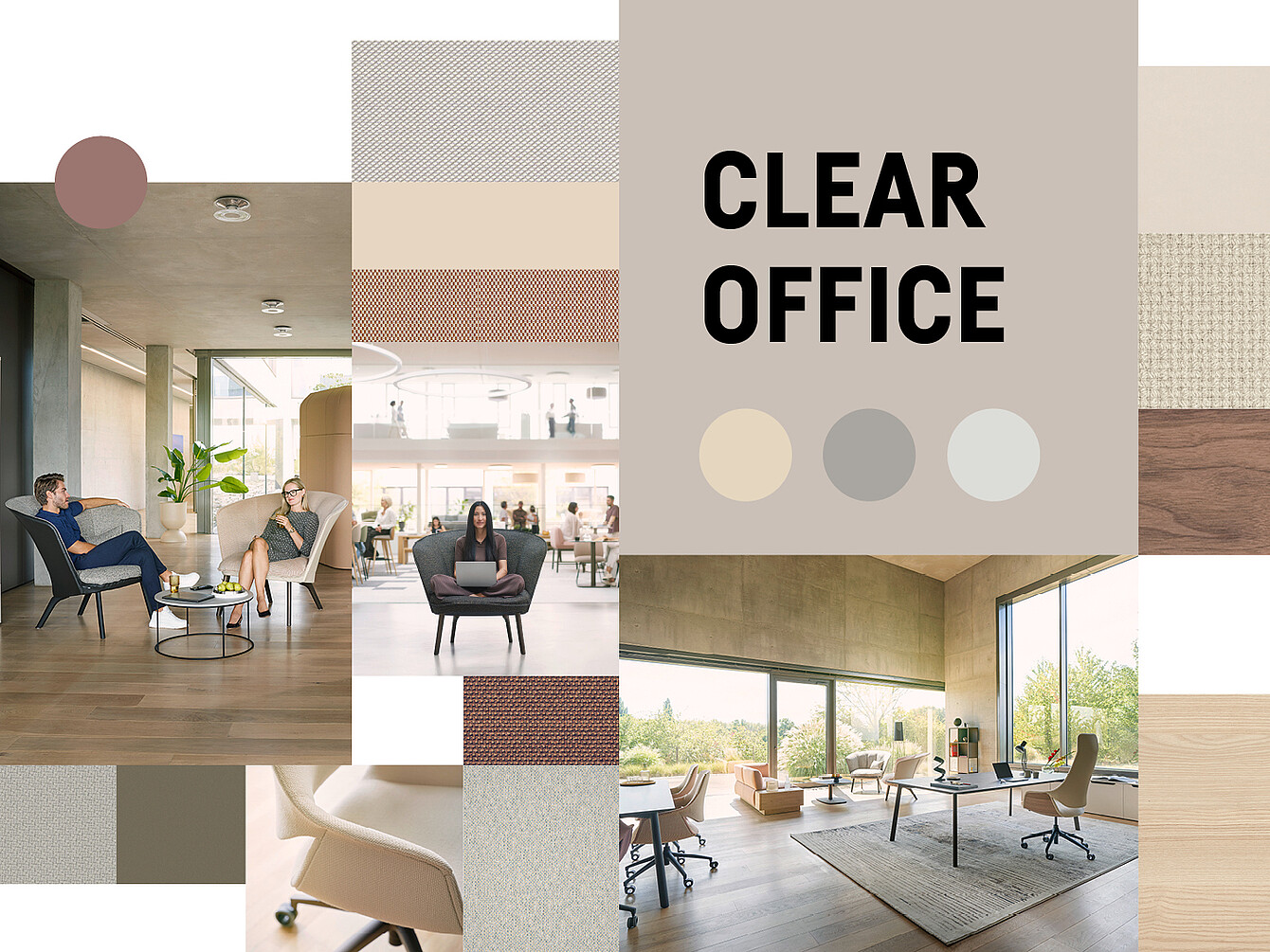 Collage che mostra interni di uffici moderni con arredi minimalisti e ampie finestre, accompagnato da campioni di tessuti e materiali e dal testo ”CLEAR OFFICE”