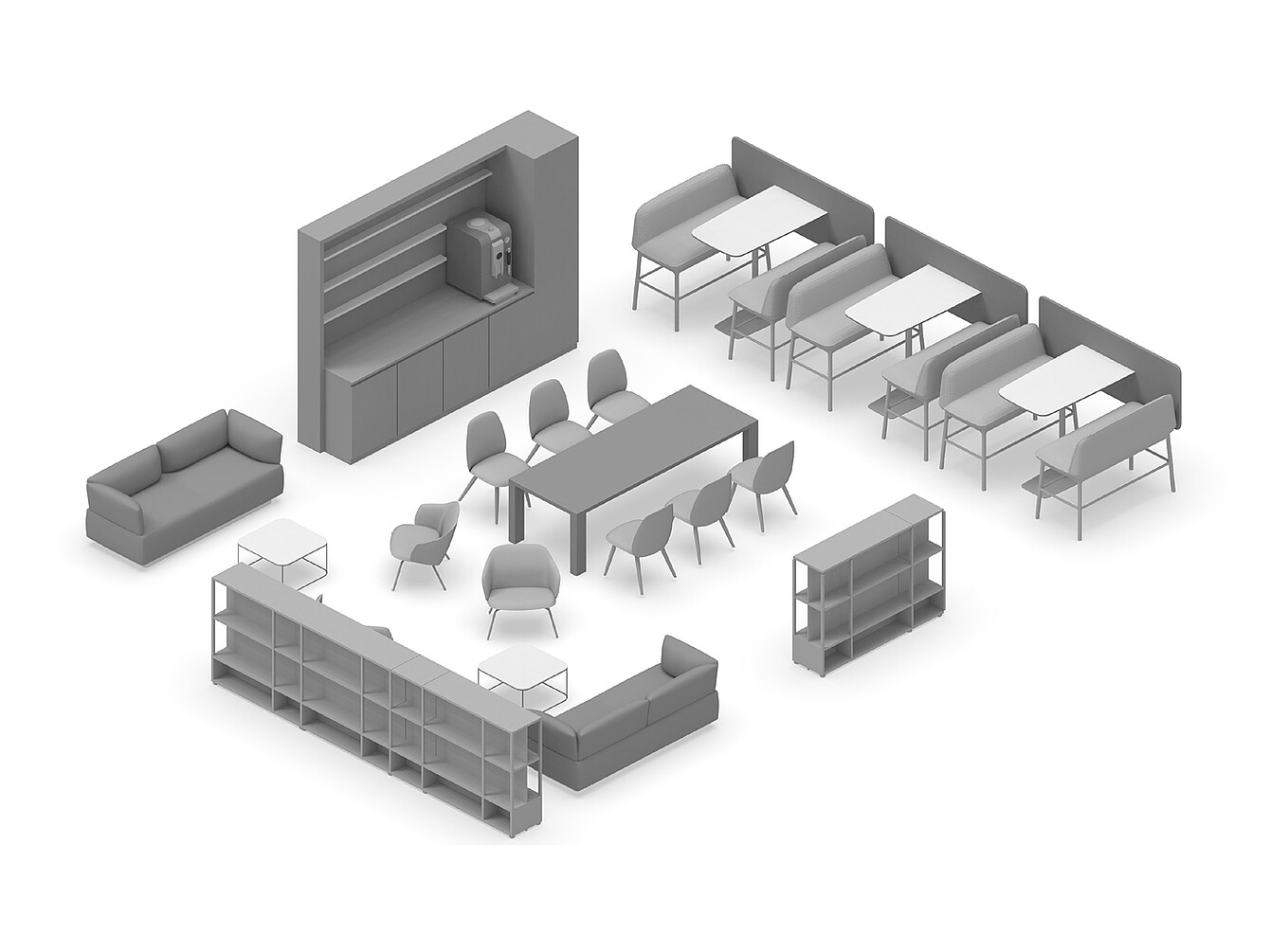 3D-Modell eines Hub Work Cafés mit Sofas, Tischen, Stühlen, Sitznischen und Regalen als zentraler Treffpunkt im Büro