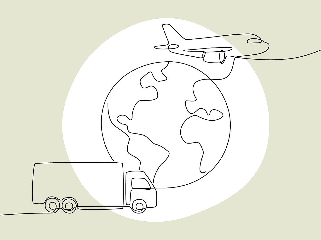 Dibujo de línea continua de un globo terráqueo con continentes simplificados, un camión delante y un avión encima, que simboliza la cadena de suministro y el transporte globales.