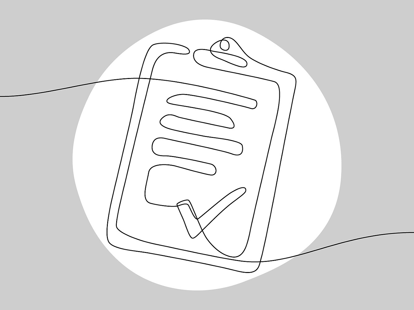 Dibujo lineal monocromo de un portapapeles con líneas horizontales y una marca de verificación en la parte inferior derecha.
