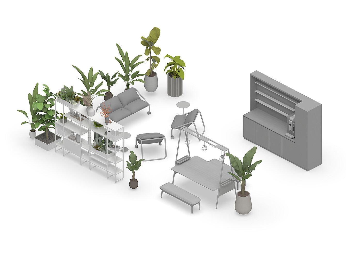 : Oficina inspirada en el diseño biofílico con asientos grises, estanterías y varias plantas en macetas que crean un ambiente de Garden Work Café.