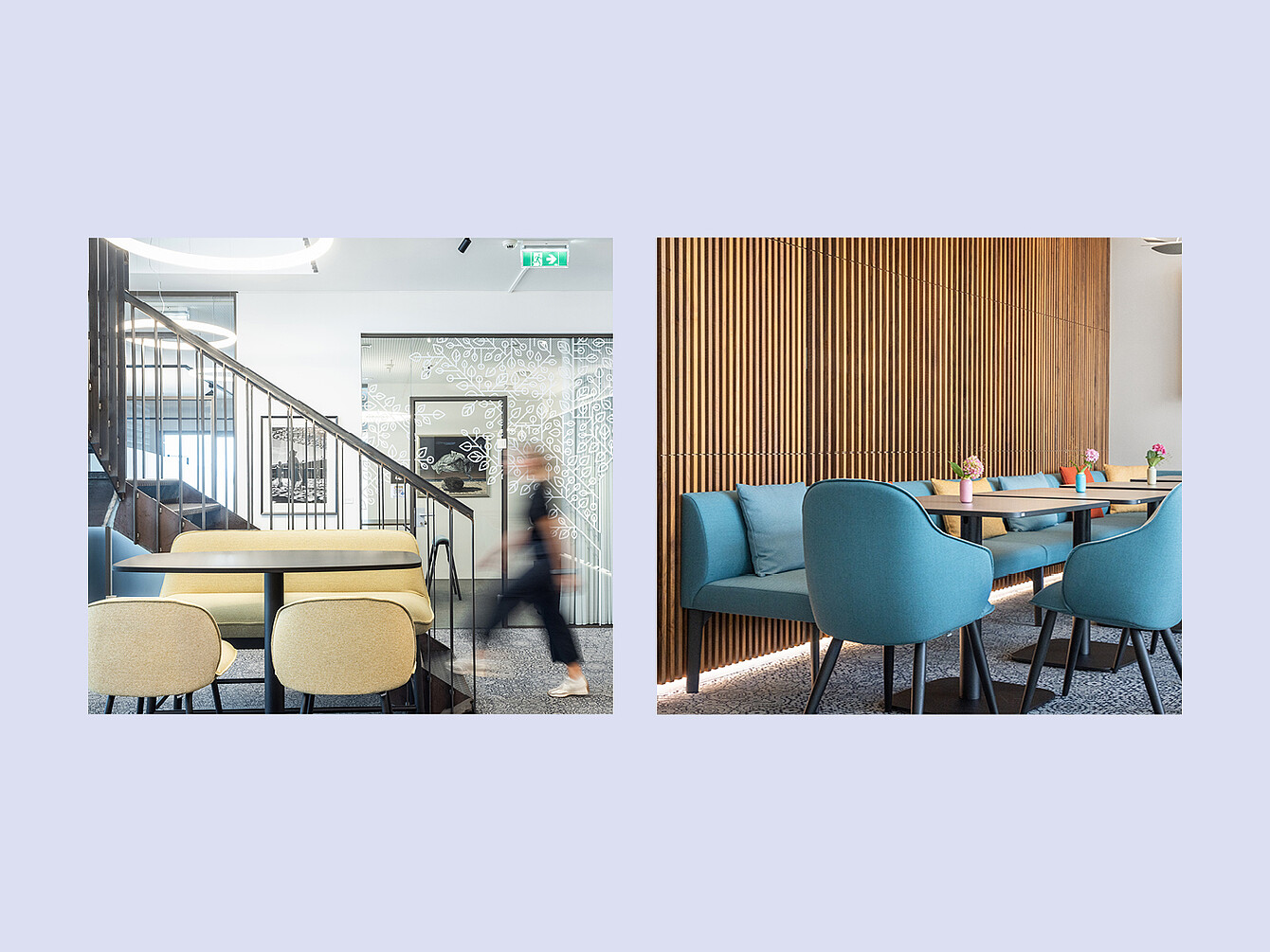 Dos vistas del interior de un espacio de coworking que muestran una zona de descanso con sillas beige y una escalera a la izquierda, y una zona de comedor con sillones azules y una pared de listones de madera a la derecha