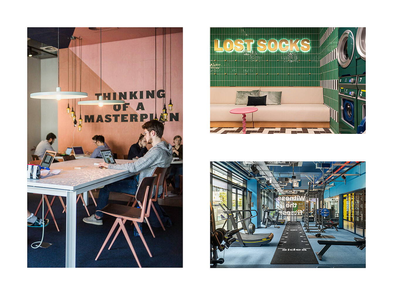 Espace de travail avec des personnes utilisant des ordinateurs portables sous une enseigne indiquant « THINKING OF A MASTERPIECE » (PENSER À UN CHEF-D’ŒUVRE) à côté d’une buanderie avec des carreaux verts et une enseigne lumineuse « LOST SOCKS » (CHAUSSETTES PERDUES) au-dessus d’un banc et d’une salle de sport avec des appareils d’exercice et une piste de course. 