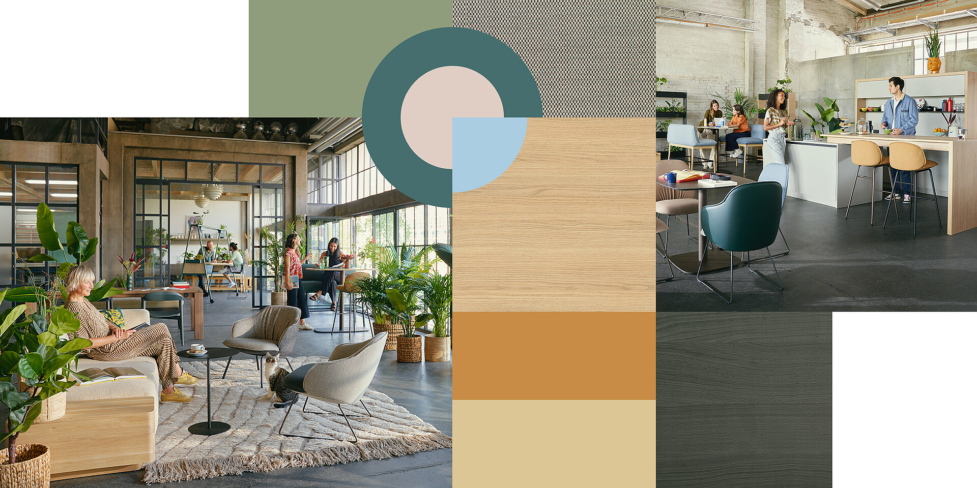 Oficina moderna con cocina abierta, zonas de descanso y plantas, con una combinación de colores en tonos verdes, beige y azules para crear un ambiente acogedor. La imagen de la izquierda muestra la se:café soft chair y un sofá se:living. La imagen de la derecha muestra la se:café bar, el se:café soft stool y, al fondo, el se:café high bench.