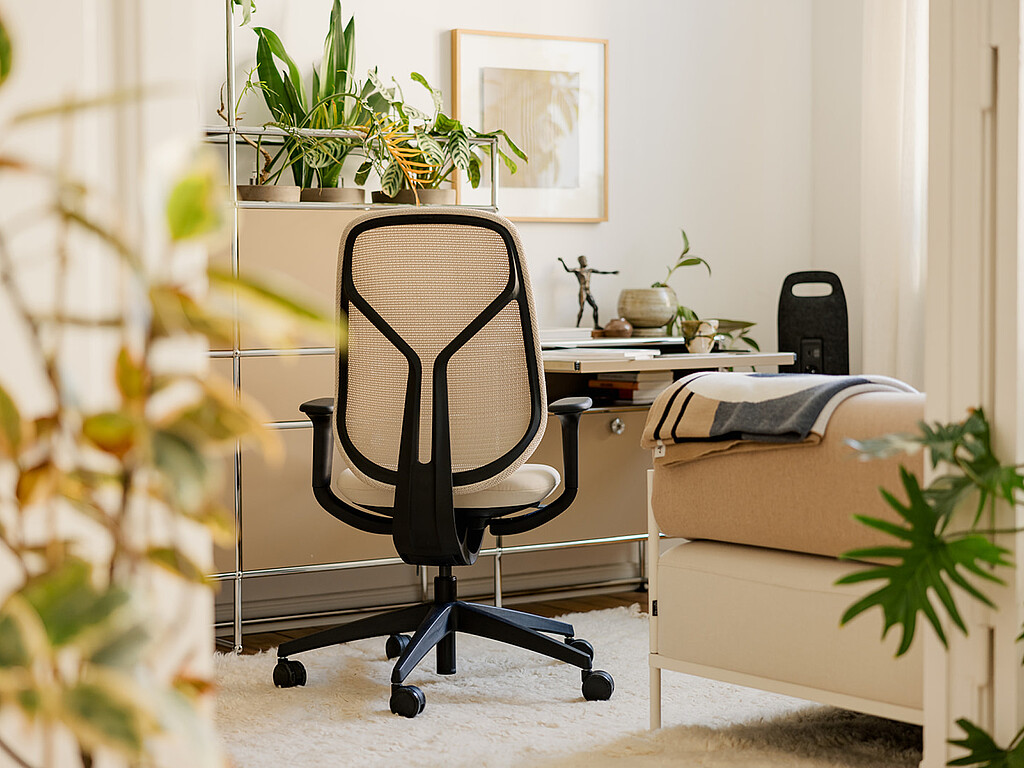 Ergonomic office chair with mesh backrest in a bright home office with plants and a desk.