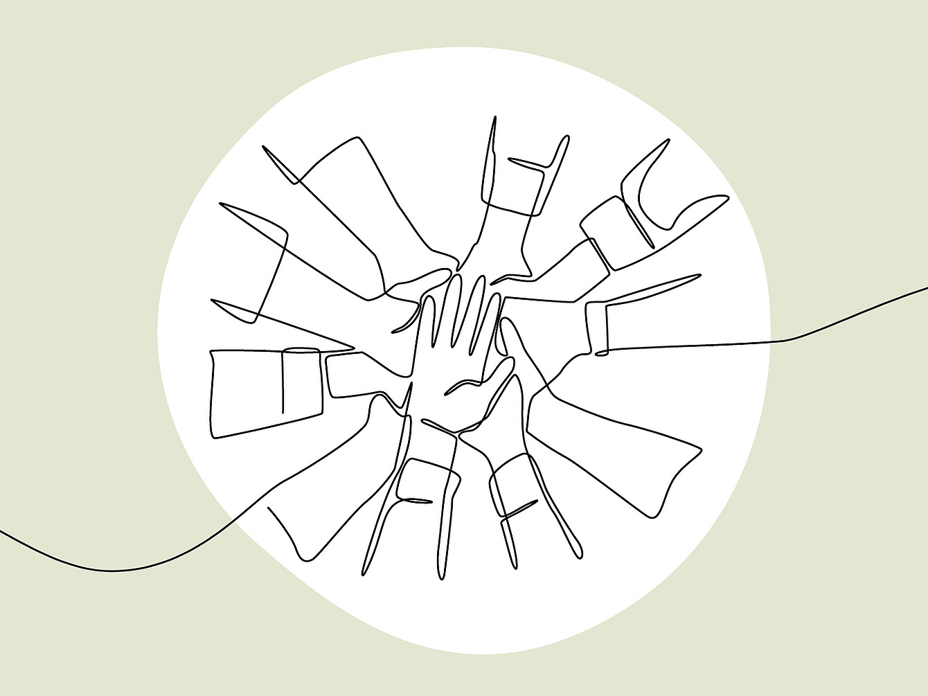 Dibujo de líneas continuas de varias manos apiladas en círculo, que simbolizan la unidad o el trabajo en equipo.