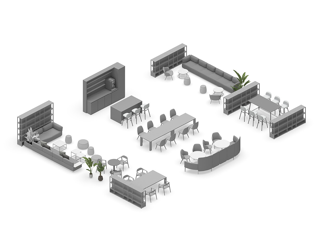Grundriss des Hub Work Café mit verschiedenen Sitzbereichen, Tischen, Stühlen und Pflanzen als zentraler Treffpunkt im Büro für Kommunikation und Zusammenarbeit