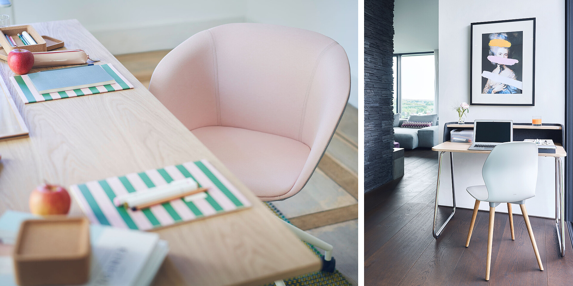 Bright home office with light wooden desk, pink upholstered chair, and laptop in front of a window with a city view.