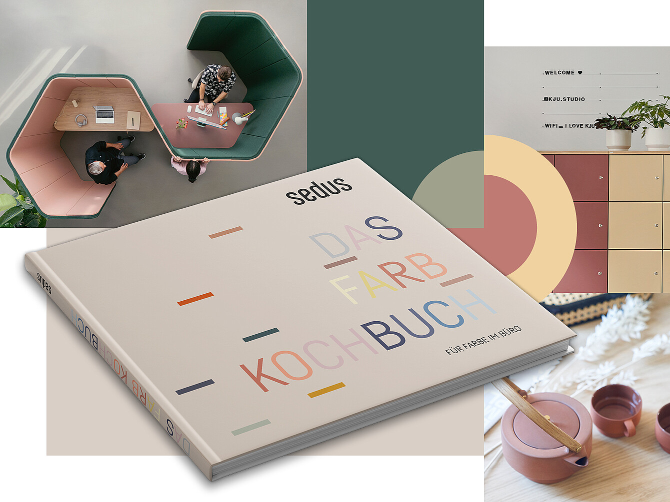 : El libro de recetas de colores de Sedus titulado «El libro de recetas de colores para la oficina». Se ha desarrollado en colaboración con Zukunftstil y Sedus. La imagen muestra una solución se:hive room-in-room desde arriba.