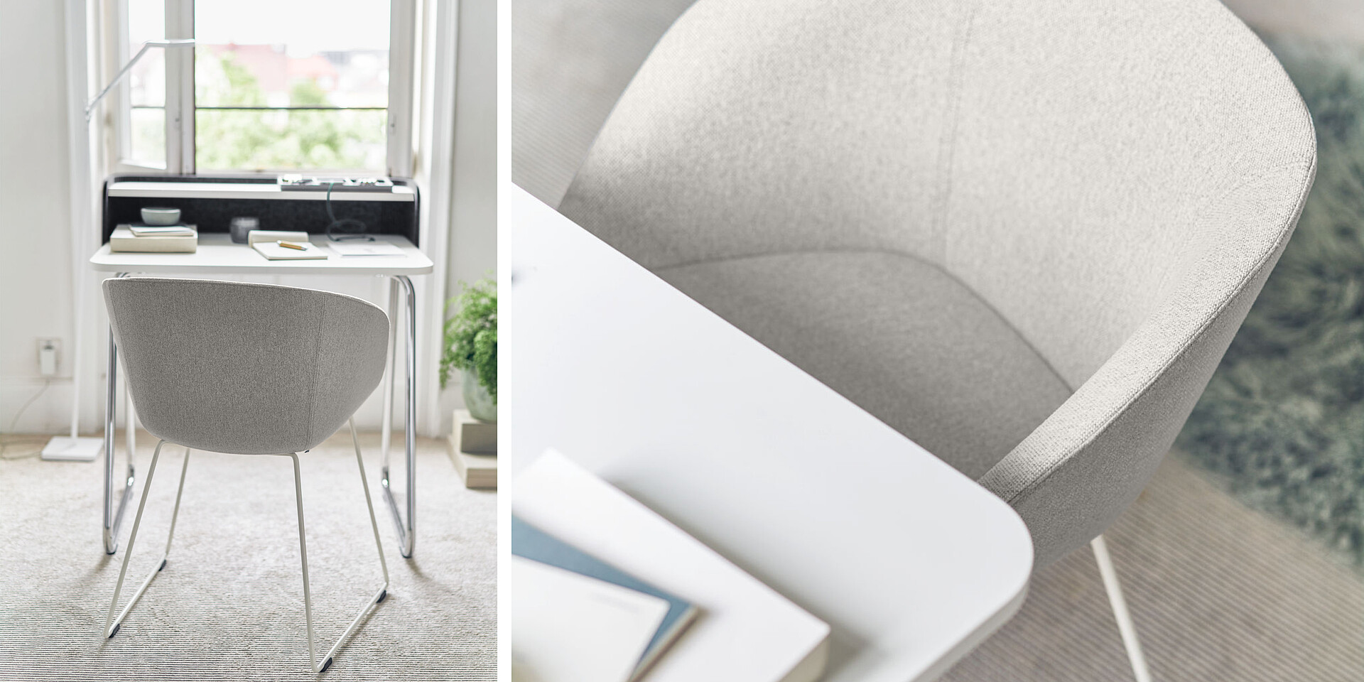Modern workspace with white desk and grey upholstered chair in front of a window with a view of greenery.