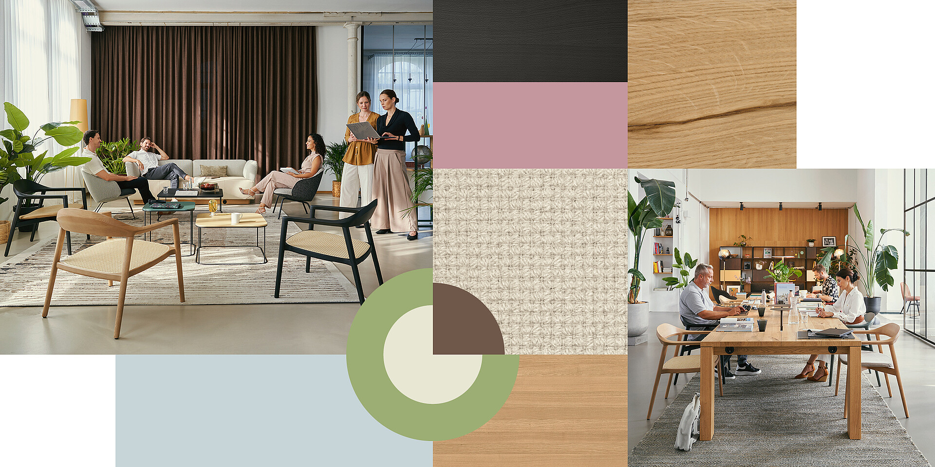 Modernas zonas de oficina con madera y colores pastel, personas trabajando y charlando en un ambiente relajado. Imagen izquierda: se:café team table, se:café wooden chair. Imagen derecha: al fondo, un sofá se:living beige con se:café soft chair y la mesa auxiliar se:living.