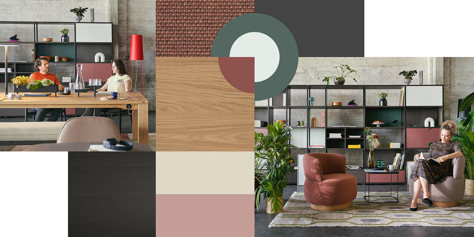 Oficina moderna con sistema de estanterías se:matrix en varios colores, dos sillones redondos en terracota y beige, plantas y moqueta con motivos geométricos. Una mujer sentada en un sillón se:living.