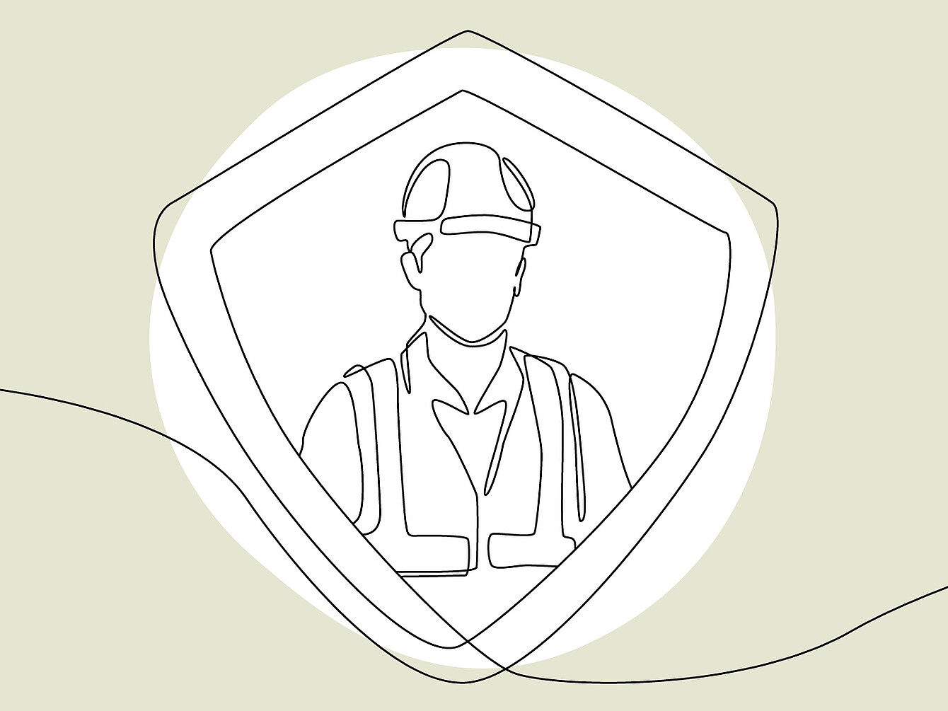 Dibujo de una sola línea de una persona con casco y chaleco de seguridad dentro de una forma de escudo, que simboliza la protección o la seguridad.