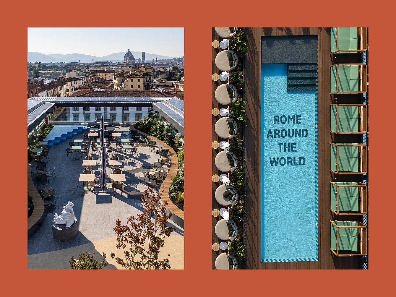 À gauche, une terrasse sur le toit avec des tables, des chaises, des parasols et, en arrière-plan, un paysage urbain comprenant un dôme ; à droite, une piscine rectangulaire avec le texte « ROME AROUND THE WORLD » au fond et des chaises longues alignées sur un côté. 