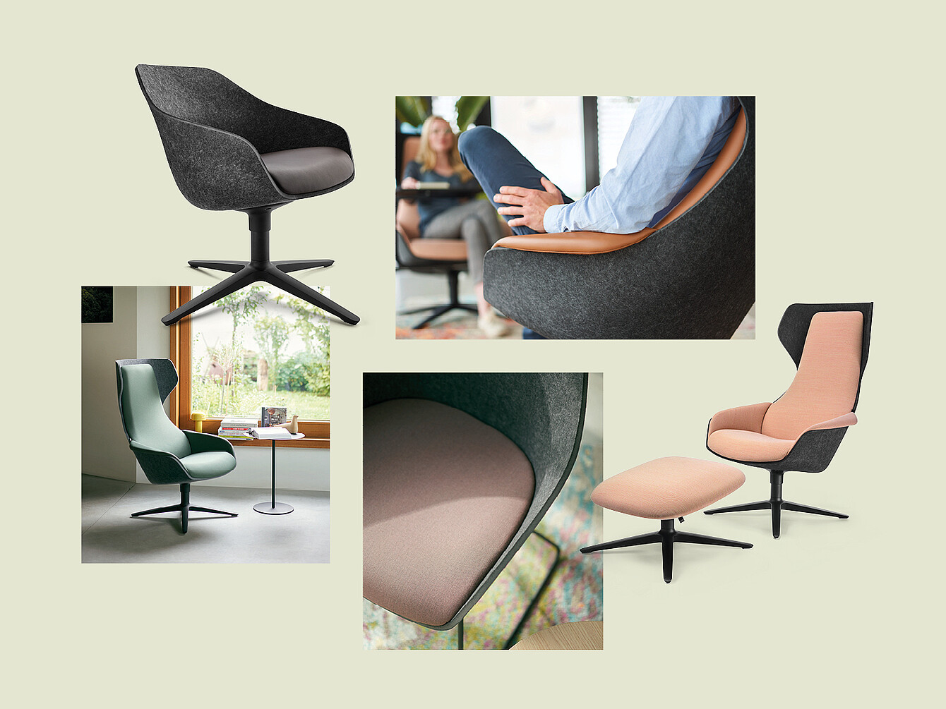 L’immagine mostra le poltrone se:lounge e se:lounge light come prodotto e in dettaglio, realizzate in feltro PET con diversi colori e forme di rivestimento, alcune con poggiapiedi, in ambienti abitativi e in primo piano.