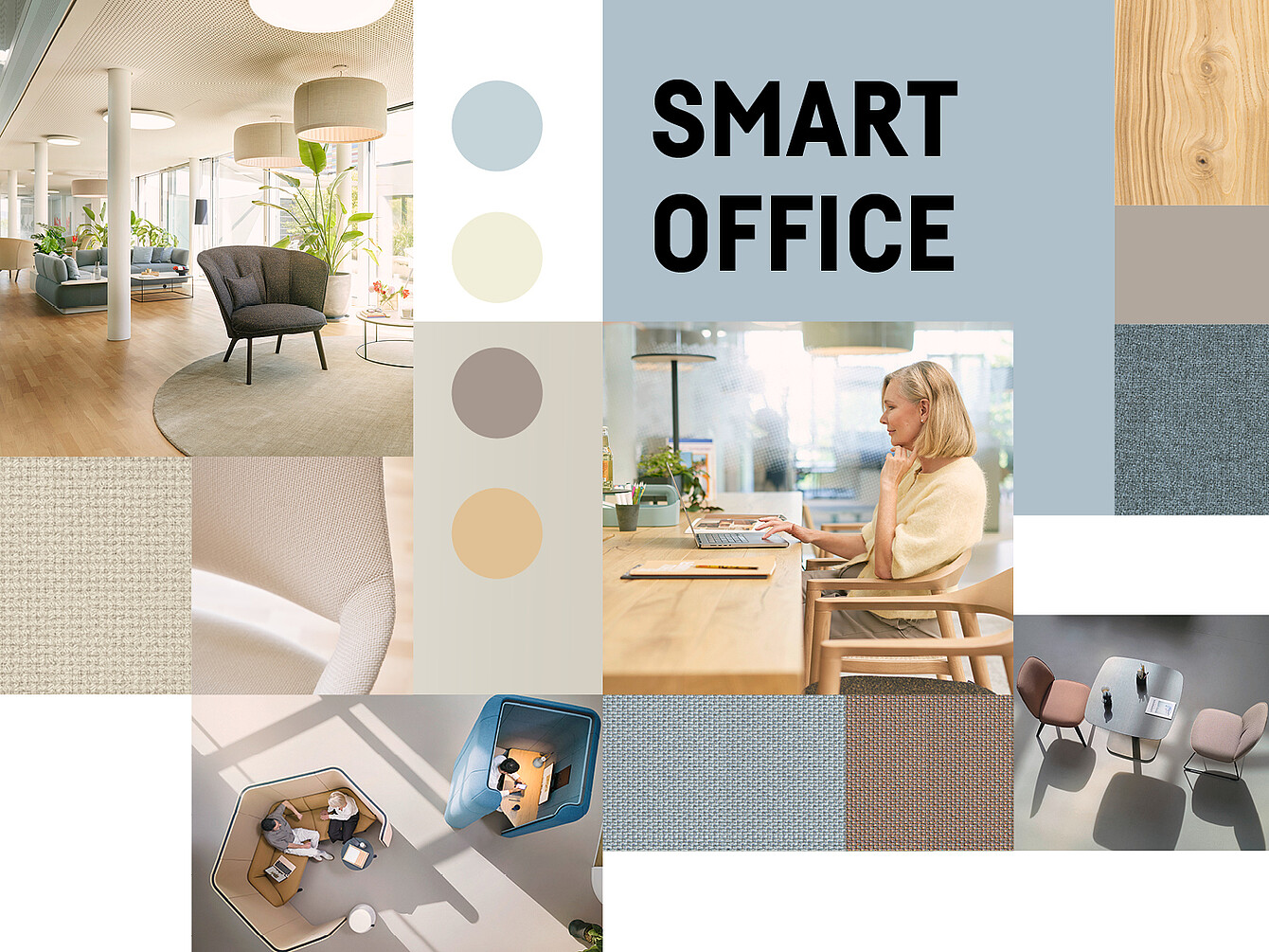 Collage che mostra un interno di ufficio moderno con zone salotto, una donna che lavora alla scrivania, trame di tessuti e legno, e il testo ”SMART OFFICE”