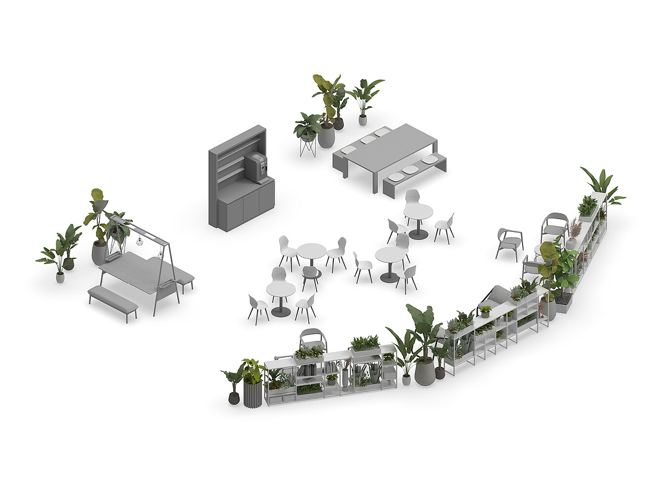 Zona de oficina abierta con mesas, sillas y estanterías llenas de plantas, que ilustra el concepto del Garden Work Café, que integra la vegetación en el espacio de trabajo para crear un diseño biofílico.