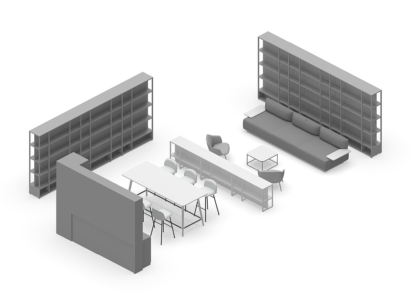 Modell des Hub Work Cafés mit zwei großen Bücherregalen, einer langen Tafel mit Stühlen, einem Sofa und einem kleinen Tisch als zentraler Bürotreffpunkt